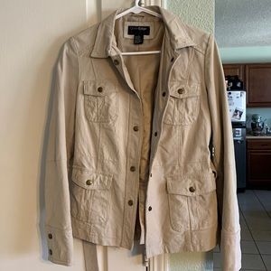 Outer Edge khaki leather jacket with belt. Size small